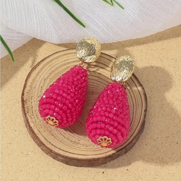 Pink Hand Wrapped Crystal Bead Drop Earrings - Picture 1 of 3